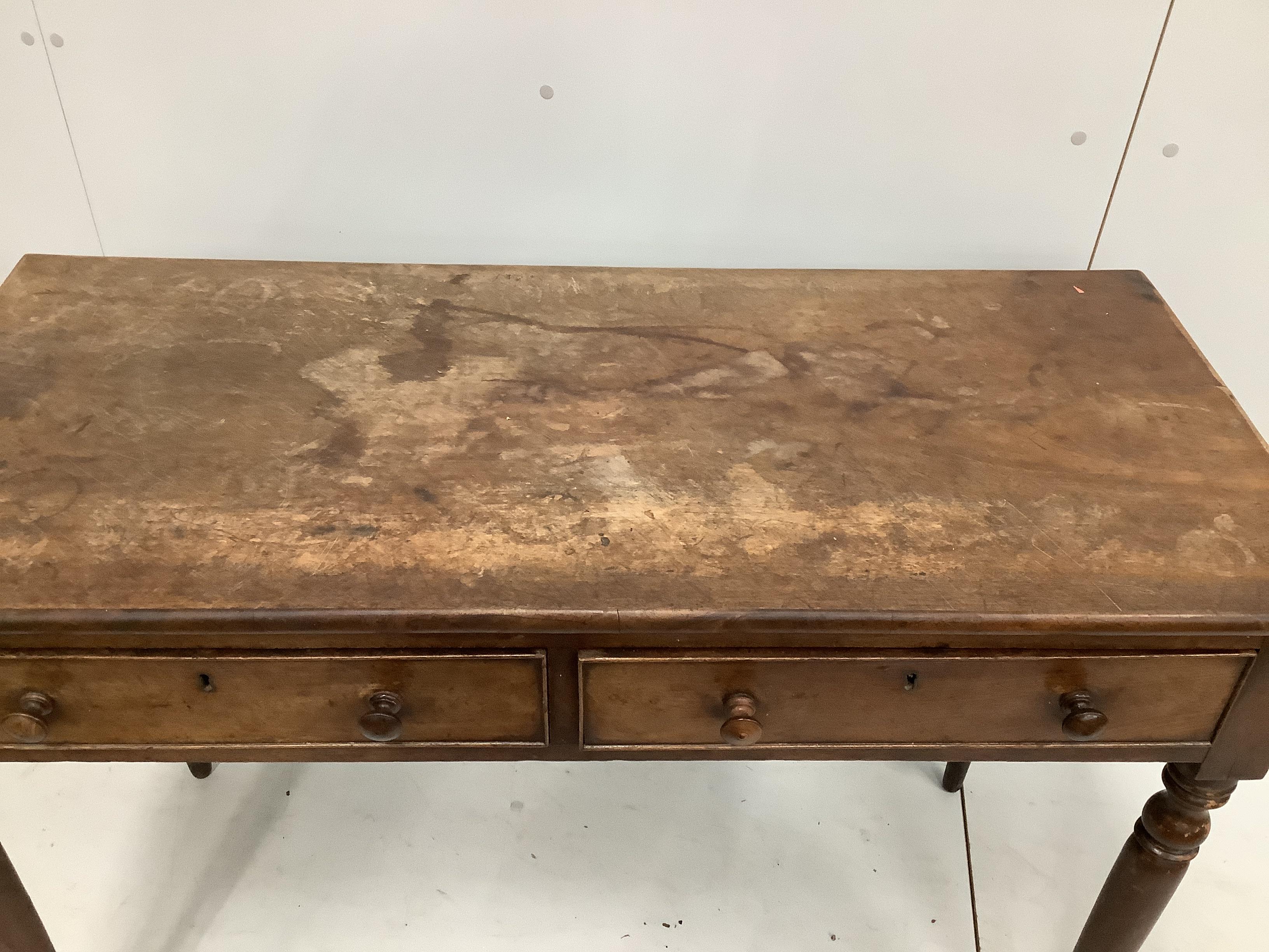 An early Victorian mahogany two drawer side table, width 115cm, depth 51cm, height 80cm